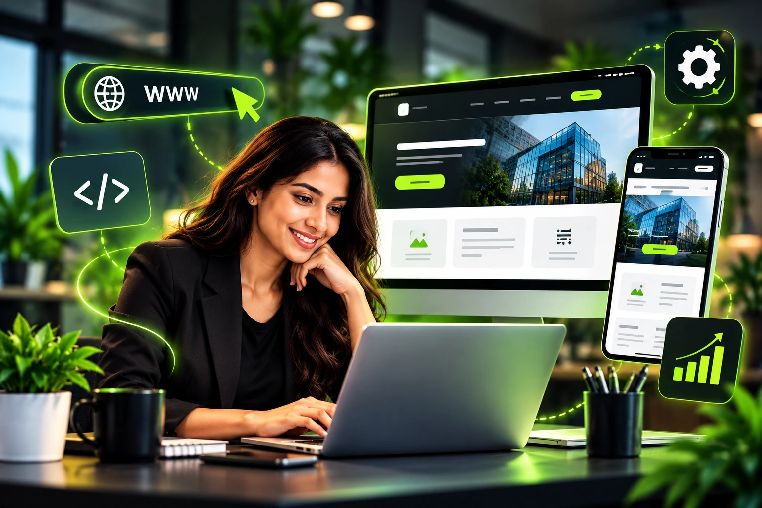 Professional website design and management displayed on desktop and mobile screens.